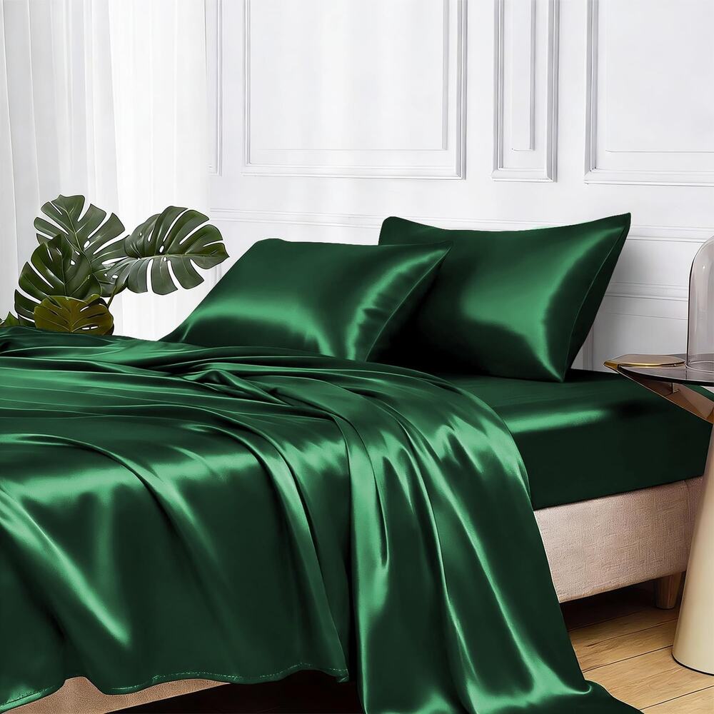 MR&HM Satin Sheet Set Full Dark Green Silky Soft Comfortable Bedding